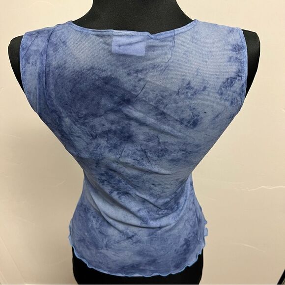NWOT Vintage y2k stretchy mesh blue space dye top deep v - Picture 4 of 9